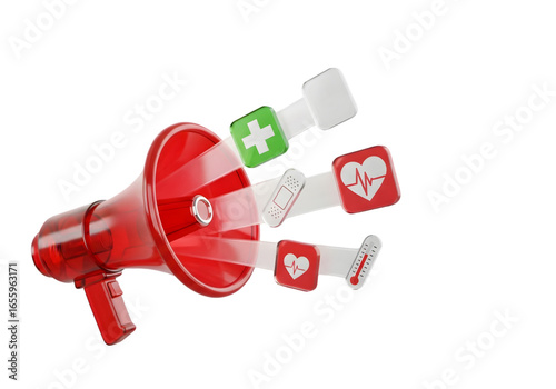 Urgent medical announcement with megaphone promoting healthcare and wellness awareness campaign