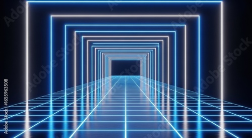 Neon tunnel with blue and white lights, creating a futuristic perspective.