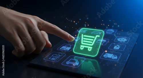 Hand Interacting with a Luminous Green Shopping Cart Icon on a Futuristic Digital Tablet Interface