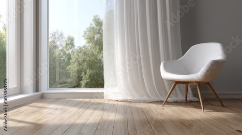 A modern interior with natural light streaming through large windows, sheer white curtains,