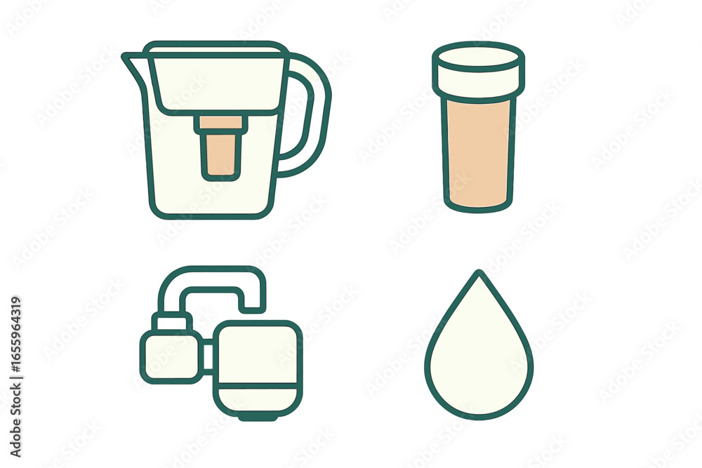 Kitchen water filtration tools and accessories illustration Kitchen water filtration tools and accessories illustration