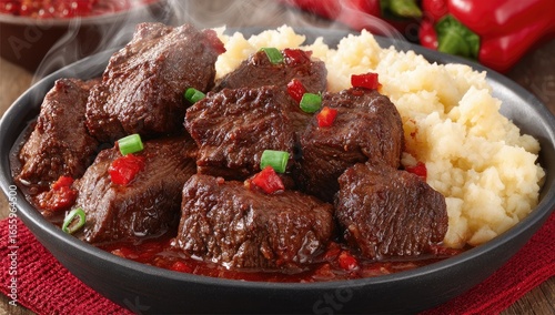Braised beef cubes in a rich red sauce, served with creamy mashed potatoes