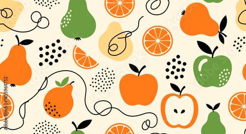 Playful Fruit Medley: A Vibrant Pattern of Apples, Pears, and Oranges with Abstract Shapes