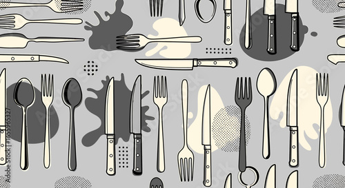 Stylized Cutlery Pattern: Knives, Forks, and Spoons with Abstract Shapes
