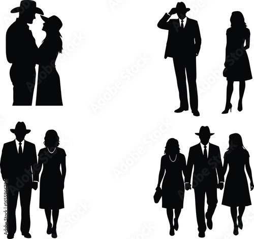 Silhouettes of people, walking together, holding hands, tipping hat, intimate pose, black figures, white background, friendship, affection, connection