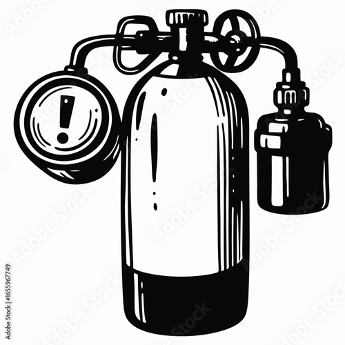 Black and White Scuba Diving Tank with Danger Sign on White Background
