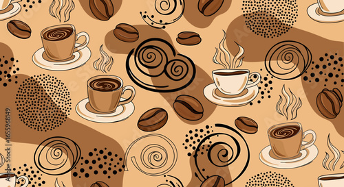 Coffee cups and beans with abstract swirls and dots in a seamless pattern