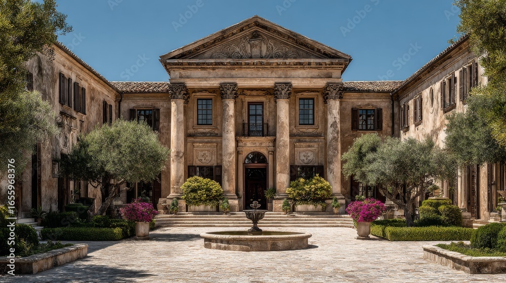 Obraz premium Elegant neoclassical building with prominent columns, intricate carvings, manicured gardens, vibrant pink flowers,