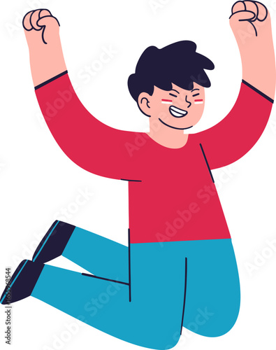 A joyful cartoon character leaping with arms raised in celebration, showing pure happiness.