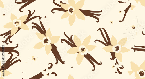 Elegant Vanilla Bean Flowers and Pods Pattern on Creamy Background.