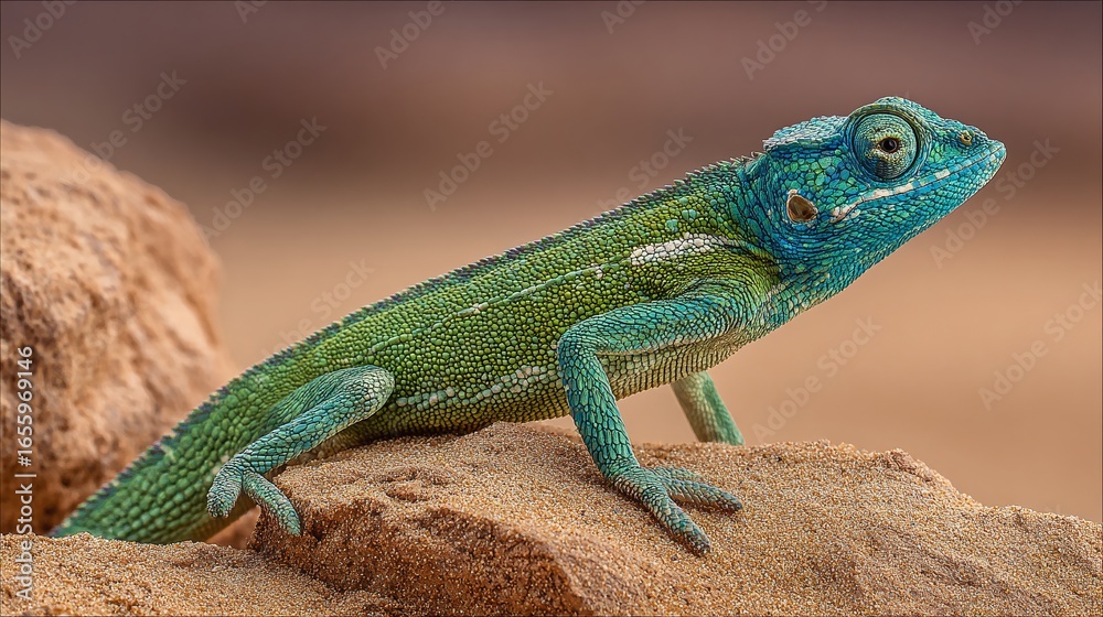 Fototapeta premium Striking chameleon perched on desert rock, exhibiting vibrant green and blue hues against a neutral backdrop. Wildlife portrait.