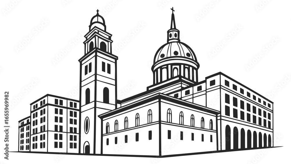 Majestic architecture featuring a grand cathedral with a dome and towering bell tower in a detailed vector illustration, showcasing architectural design and urban landscape. Majestic architecture featuring a grand cathedral with a dome and towering bell tower in a detailed vector illustration, showcasing architectural design and urban landscape.