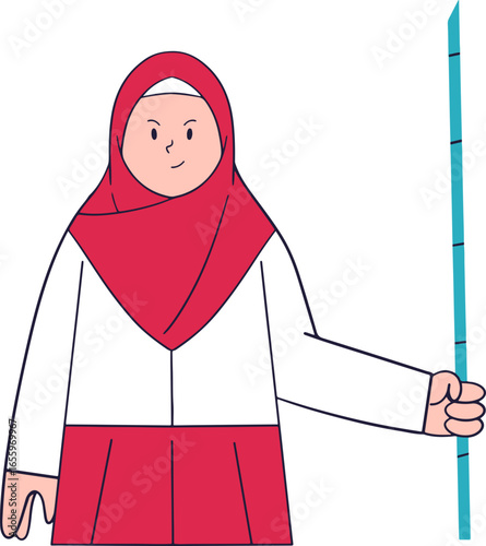 Illustration of a smiling Muslim girl wearing a red hijab and holding a blue stick.