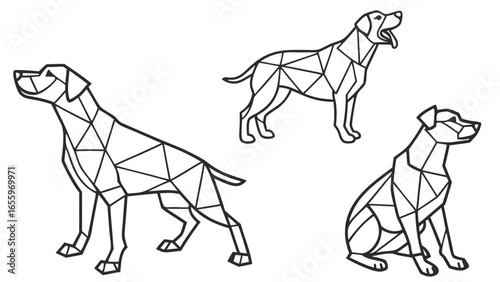 Geometric dogs illustration featuring polygon dog designs in various poses, showcasing a modern and artistic representation of canine companions