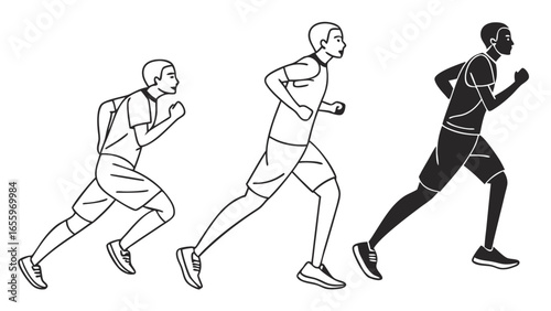 Illustration of men running in progression showing movement and speed in a vector format for sports and fitness themes, ideal for health and wellness campaigns