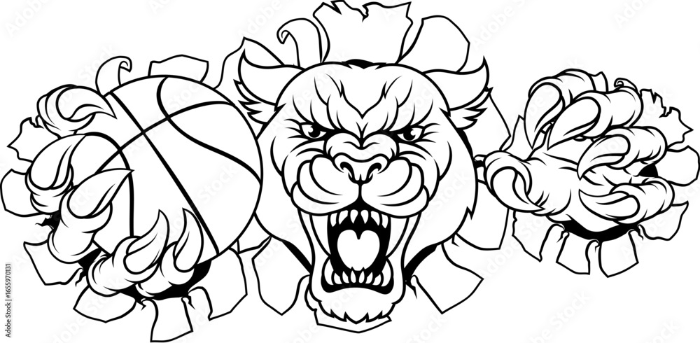 Obraz premium A panther, leopard or cougar wildcat jaguar cat basketball sports team mascot holding a ball