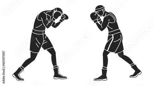 Vector illustration of two boxers in fighting stance showcasing sportsmanship and combat readiness, set against a clean, minimalist background for versatile design applications