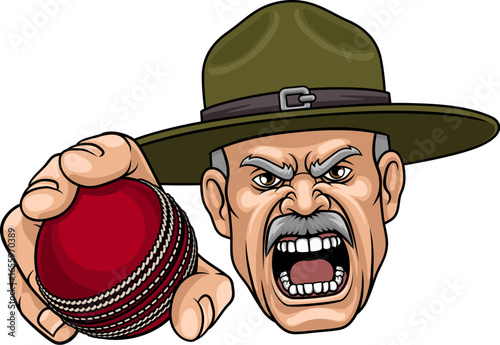 An angry drill instructor or sergeant bootcamp army soldier cartoon character holding cricket ball sports team mascot illustration.