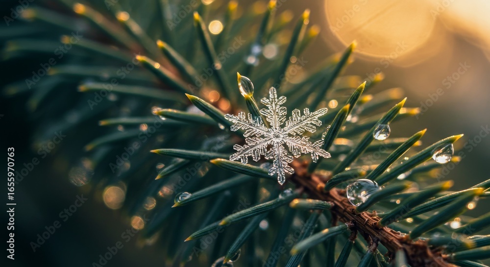 Fototapeta premium Snowflake on pine branch with blurred background