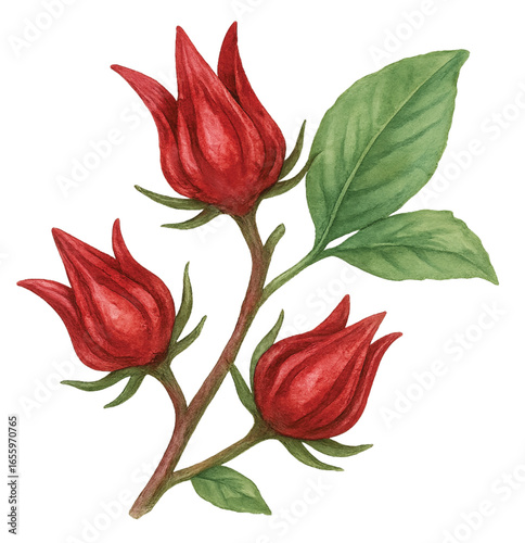 Roselle with Stem and Leaves Watercolor