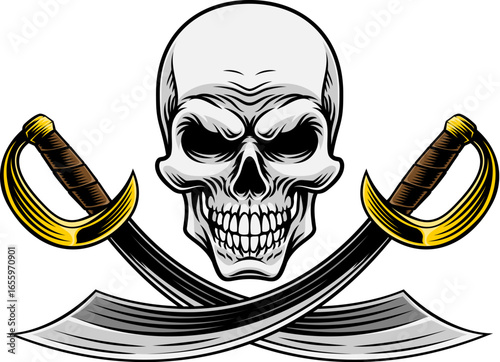 Pirate skull crossbones with crossing sabers or scimitar cutlass pirate swords. In a vintage retro woodcut style.