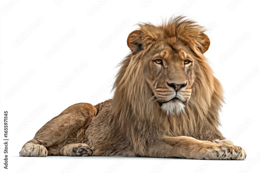 Fototapeta premium Lion lying down, full body shot, against white background