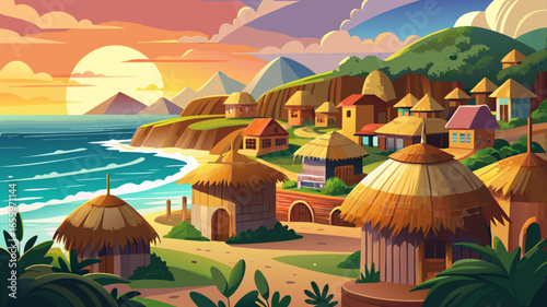 Stunning Coastal Dome Village with Straw Roofs Near Cliffs at Sunrise - Eco-Friendly Seaside Architecture and Serene Ocean Scenery for Tourism and Travel