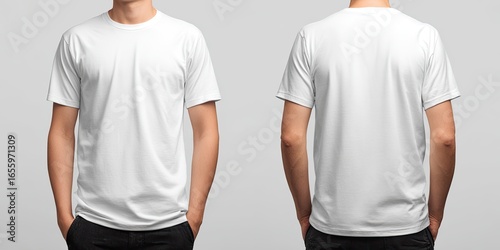 Two blank white t-shirts on a man, front and back views