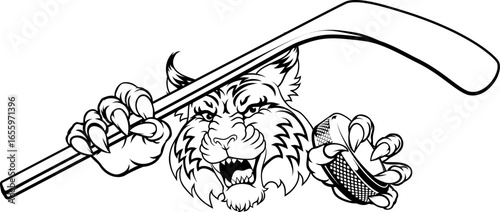 A wildcat or bobcat ice hockey team cartoon animal sports mascot