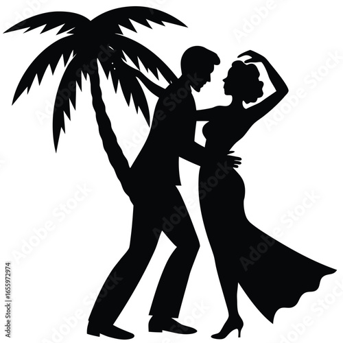 Couple dancing under palm tree silhouette romantic