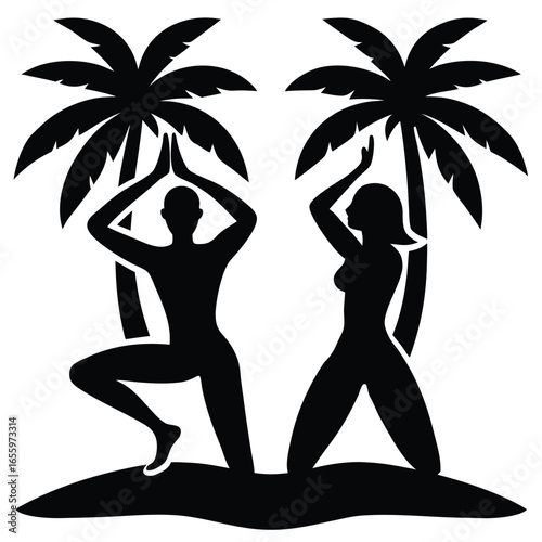 Couple practicing yoga under palm trees beach meditation