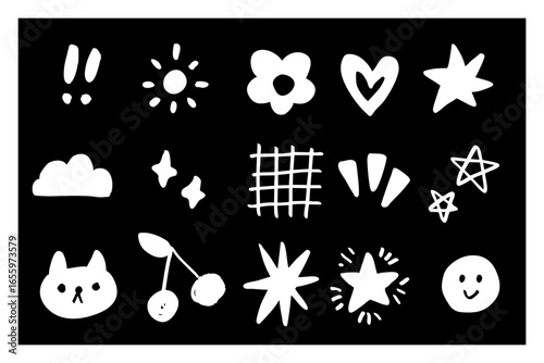 黒背景に白で描かれたモノクロ手描きドゥードゥルアイコンセット — 太陽・星・ハート・猫・雲など16種