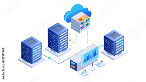 Isometric cloud computing network server data center infrastructure management system technology concept