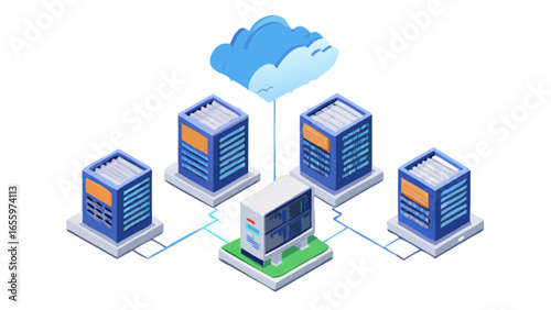 Cloud computing network diagram showing data servers and connections for business infrastructure