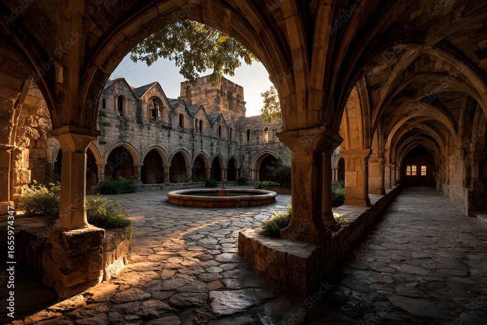 Fototapeta premium Abbey courtyard with stone arches and bright cloister perfect for banners and ads.
