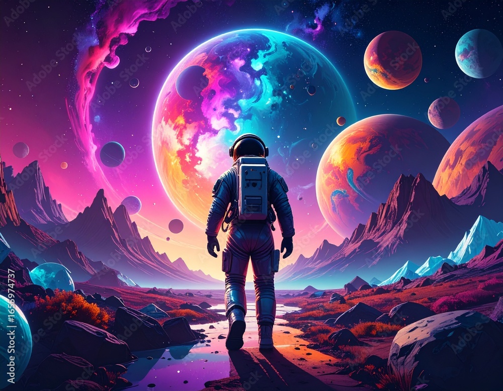 Fototapeta premium Astronaut on Colorful Alien Planet – Surreal Galaxy Painting