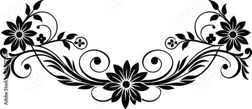 Elegant Floral Swirl Design with Flowers and Leaves in Black and White
