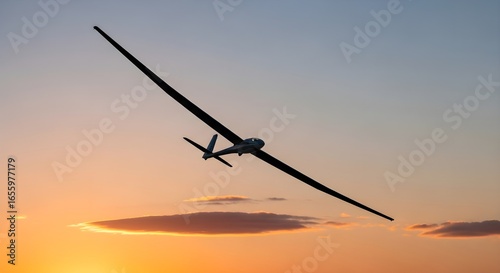 Glider flies at dusk, silhouetted against a colorful sky, ideal for travel blogs, aviation articles, or inspirational posters.
