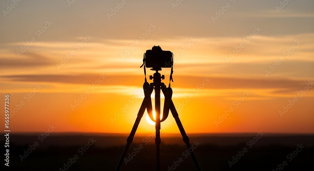 Golden sunset shines behind camera equipment. Background for photography or video, nature themed travel or tourism. Golden sunset shines behind camera equipment. Background for photography or video, nature themed travel or tourism.