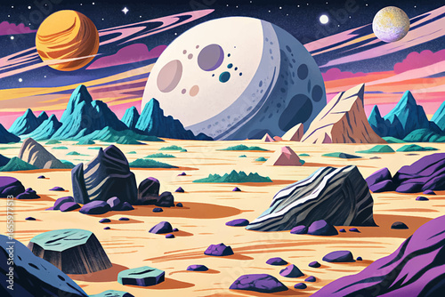 Desolate lunar landscape with scattered rocks, barren surface, and cratered terrain, representing the moon’s silence, mystery, and extraterrestrial exploration scenery.