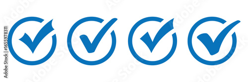 Check box icon with correct, accept checkmark icons blue tick box, check list circle frame. Checkbox symbol sign. Check mark box frame. Blue tick mark icon vector set. Blue checkmark icon set.