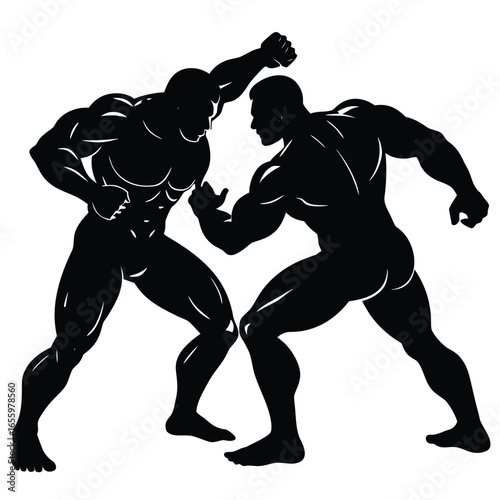 Two muscular men wrestling fighting grappling