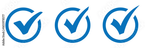 Check box icon with correct, accept checkmark icons blue tick box, check list circle frame. Checkbox symbol sign. Check mark box frame. Blue tick mark icon vector set. Blue checkmark icon set.