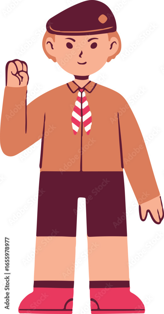 Obraz premium A determined young boy in a scout-like uniform with a beret and tie, raising his fist.