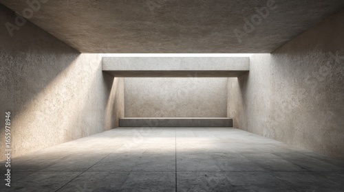 Modernist interior with smooth concrete walls and floor, minimalist design, natural lighting, serene atmosphere,