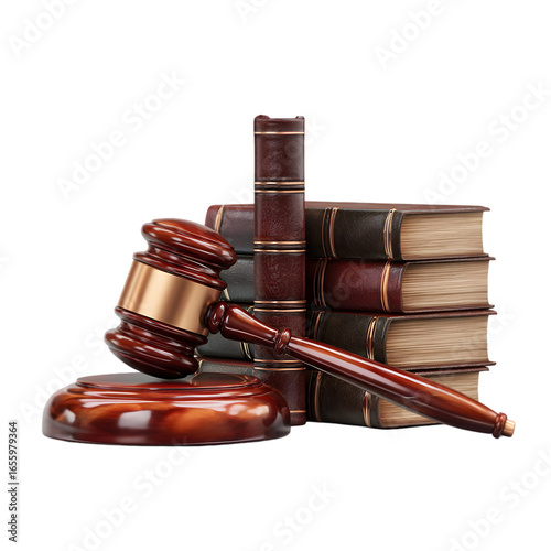 Wooden gavel with brass head and books on black. Law concept illustration. Justice legal judgement.