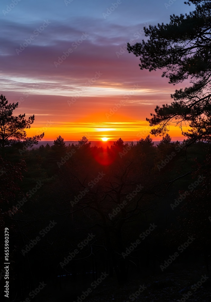 Fototapeta premium Vibrant Sunset Over Silhouetted Trees.