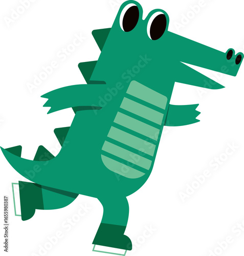 A cartoon illustration of a green crocodile ice skating with a happy expression.