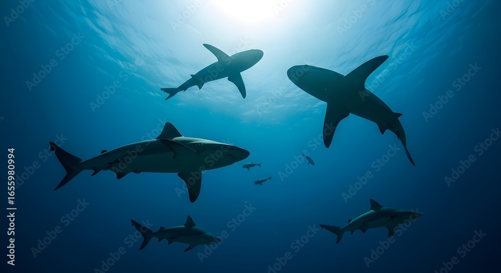 Obraz premium Blue shark silhouettes swim in open water, catching light from the surface for marine life documentaries.