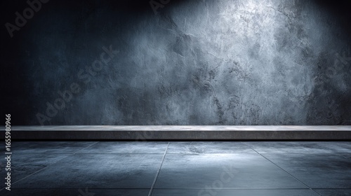 An indoor scene with dark rectangular tiles and a central structure highlighted by dramatic lighting,